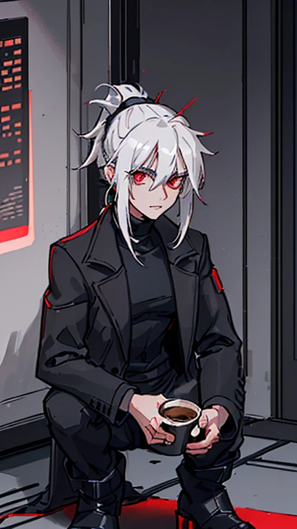 (detailed), (((normal guy))), (Arabic characteristics), ((gray wool jacket)), ((black fur rizado Ponytail hairstyle)), ((Ponytail hairstyle)), (calm face), ((by the width)), ((coffee boots)), (((whole body))), ((in a cyberpunk room)), ((male)), (gray turtleneck sweater), ((only one person)), (at night), terror, ((eyes glowing red)), In the dark, ((black fur)), ((Redskin)), demon tail