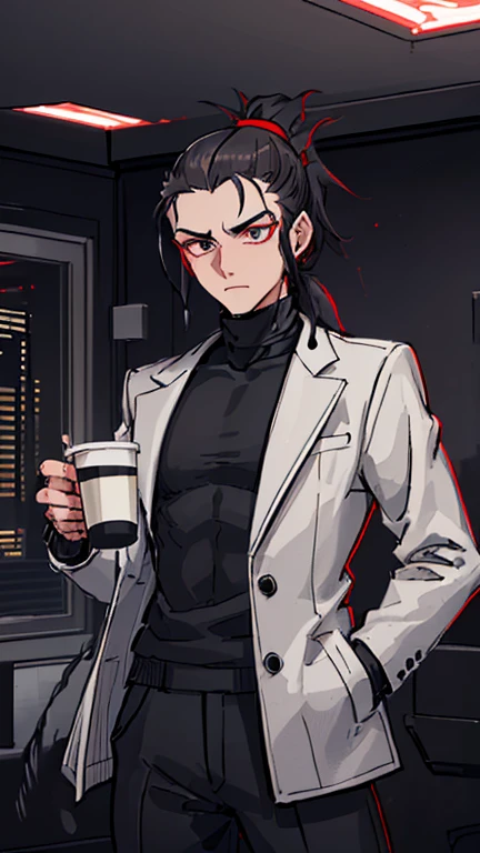 (detailed), (((normal guy))), (Arabic characteristics), ((gray wool jacket)), ((black fur rizado Ponytail hairstyle)), ((Ponytail hairstyle)), (calm face), ((by the width)), ((coffee boots)), (((whole body))), ((in a cyberpunk room)), ((male)), (gray turtleneck sweater), ((only one person)), (at night), terror, ((eyes glowing red)), In the dark, ((black fur)), ((Redskin)), demon tail