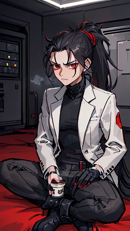 (detailed), (((normal guy))), (Arabic characteristics), ((gray wool jacket)), ((black fur rizado Ponytail hairstyle)), ((Ponytail hairstyle)), (calm face), ((by the width)), ((coffee boots)), (((whole body))), ((in a cyberpunk room)), ((male)), (gray turtleneck sweater), ((only one person)), (at night), terror, ((eyes glowing red)), In the dark, ((black fur)), ((Redskin)), demon tail