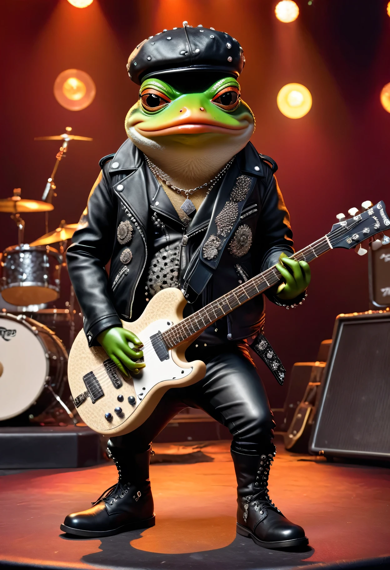 photorealistic portrait of Dressed animals - a ((fat)) (pepe frog) punk-rocker, (full body image:1.5),,(holding a guitar:1.5), Wearing a tailored black leather jacket featuring intricate silver stud patterns reminiscent of sacred symbols, leather boots, adorned in a modern punk-rock ensemble,, detailed and opulent description of modern punk-rock style, stage lighting, intricate ornate accessories, stage background ,score_9, score_8_up, score_7_up, score_6_up, score_5_up, score_4_up,