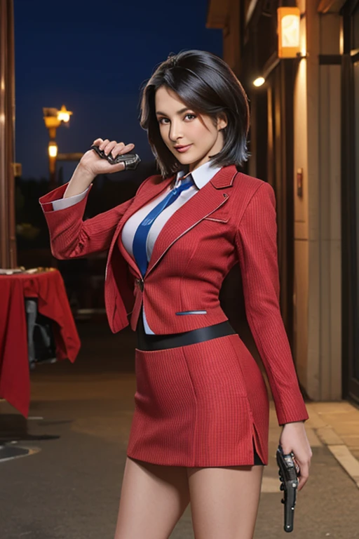 Highest quality,Ultra HD,8k,(Beautiful 30 year old Eurasian hitwoman), (Short bob silver hair 1.8), (Beautiful white skin), (Cool and sharp beauty), Red skirt suit 1.5, (((Three-piece suit))), (((Dress shirt))), (((Red tie))), Red blazer,(Thigh 1.2,Large Breasts), (((Red suit jacket))), Black shiny lapel, (((Bodycon mini skirt))), Tight Skirt, Barefoot 1.2,Cufflinks,((Red stiletto heels)), (Night city background), View from the front, Well-groomed and beautiful face 1.2, Dynamic pose, Ambient Lighting, Photographic realism, Intricate facial details, Exquisite handcrafted details, Very detailed, Vibrant colors, Cinematic, High resolution, Trendy style live on Artstation, Excited,(Holding a long-barreled revolver, not a pistol, in each hand, firing one at a time 1.3),Intense action scene fighting 1.3,Confident and focused expression,