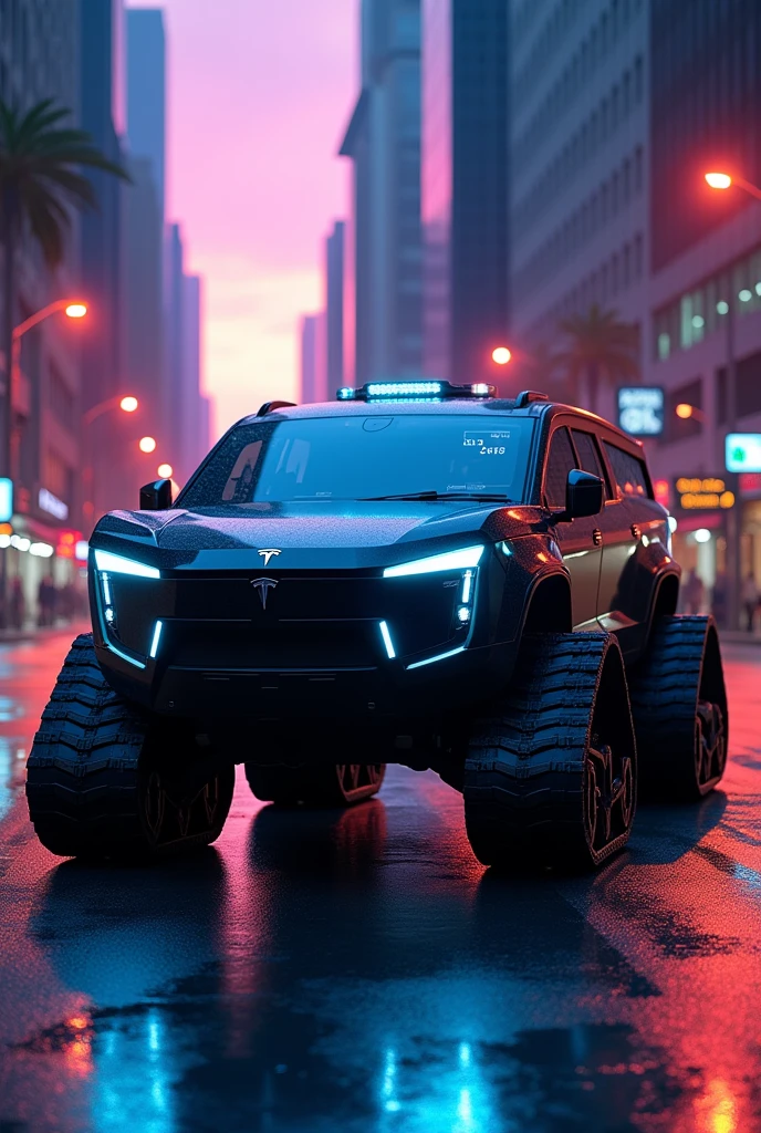 Black cop car Tesla cyber truck with tracks