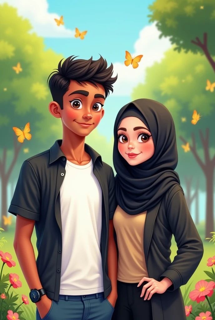 A kurian cartoon smart boy white t-shirts and black shirt open Shirt button and black watch in left hand and Her side a hijabi muslim gril hijab color is black this picture is DSLR protet