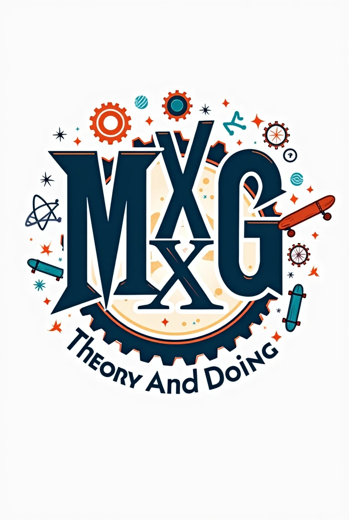 Give me logo these words MxG Theory And Doing with gear and sportked on the book wheel physics theory have around the logo