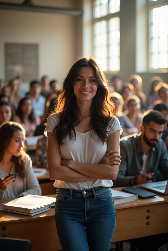 A brunette woman, slim, medium and wavy hair: classroom photo with all students at a university