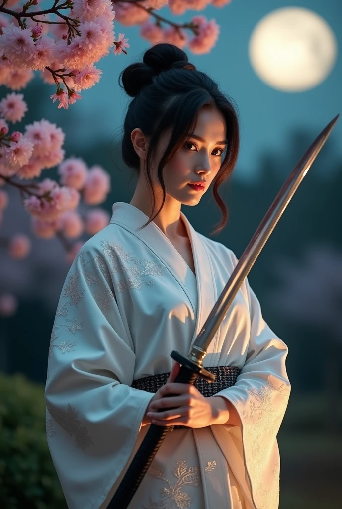 A very beautiful and glamorous 40-year-old woman, she is wearing a beautiful white Japanese kimono and standing in a Japanese garden at night, holding a Japanese sword in a very cool pose.。Very large, pendulous breasts、a perfect glamorous mature woman's proportions、super realistic mature's body and skin,very huge sagging tits,very glamorous figure,dark brunette straight japanese very neat bun hair,movie「KILL BILL」A scene of taut beauty, like a painting、The beauty of Japan, with cherry blossoms dancing in the night sky、The shining blade of a Japanese sword、White robes、A female samurai in a fighting stance、
