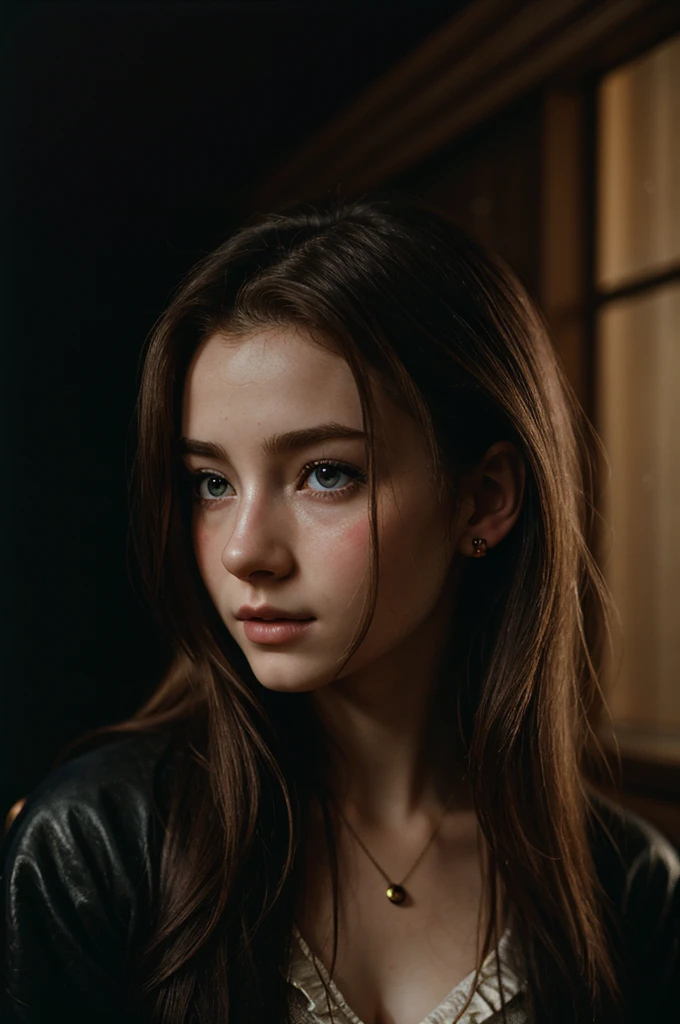 (photography of a 20 year old Aerith Gainsborough), (no close-up), highly detailed face, (smile:0.7) (background inside dark, moody, private study:1.3), steampunk pirate's airship, nikon d850, film stock photography, for kodak portra 400 ,camera f1.6 lens, bokeh, analog style, rich colors, hyper realistic, lifelike texture, dramatic lighting, cinestill 800, messy hair, serious, (freckles:0.4), pale skin, cute sexy