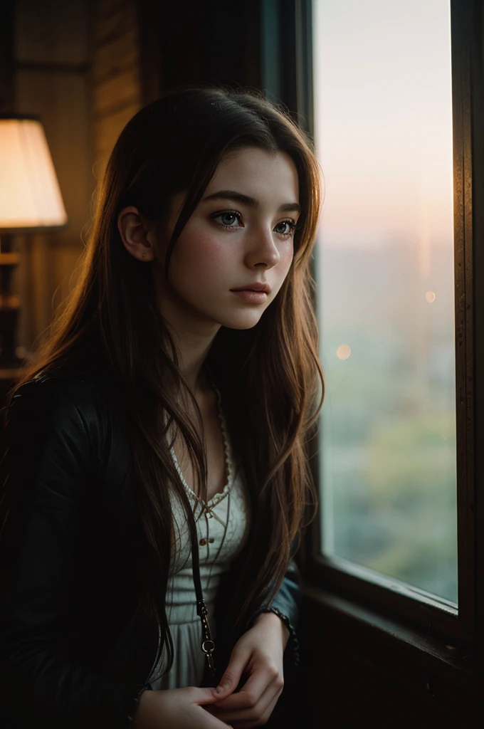 (photography of a 20 year old Aerith Gainsborough), (no close-up), highly detailed face, (smile:0.7) (background inside dark, moody, private study:1.3), steampunk pirate's airship, nikon d850, film stock photography, for kodak portra 400 ,camera f1.6 lens, bokeh, analog style, rich colors, hyper realistic, lifelike texture, dramatic lighting, cinestill 800, messy hair, serious, (freckles:0.4), pale skin, cute sexy