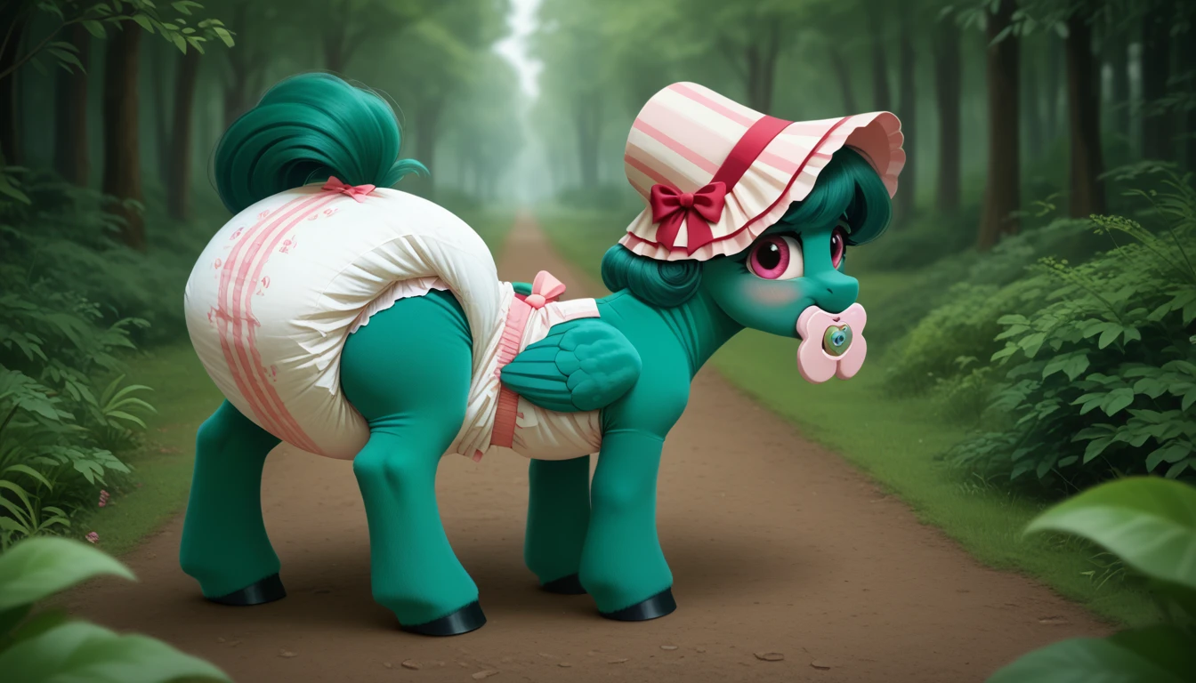 pony, Pegasus, adult mare, emerald green fur, a lush mane, gathered into an adult size bonnet, bushy tail, stands on four hooves, rear hooves spread wide apart, dressed in an adult size bodysuit and booties, pacifier in mouth, solo, thick diaper under clothes, bulge on the back of the diaper, between the hind hooves and on the front of the diaper, saggy diaper, pink blush on cheeks, Embarrassment, Awkwardness.