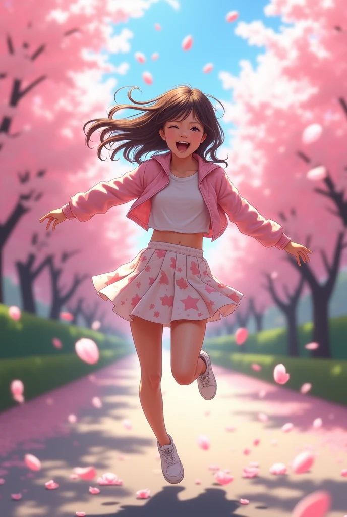 Jumping、Japanese fifteen years old、mini skirt、White panties、Realistic