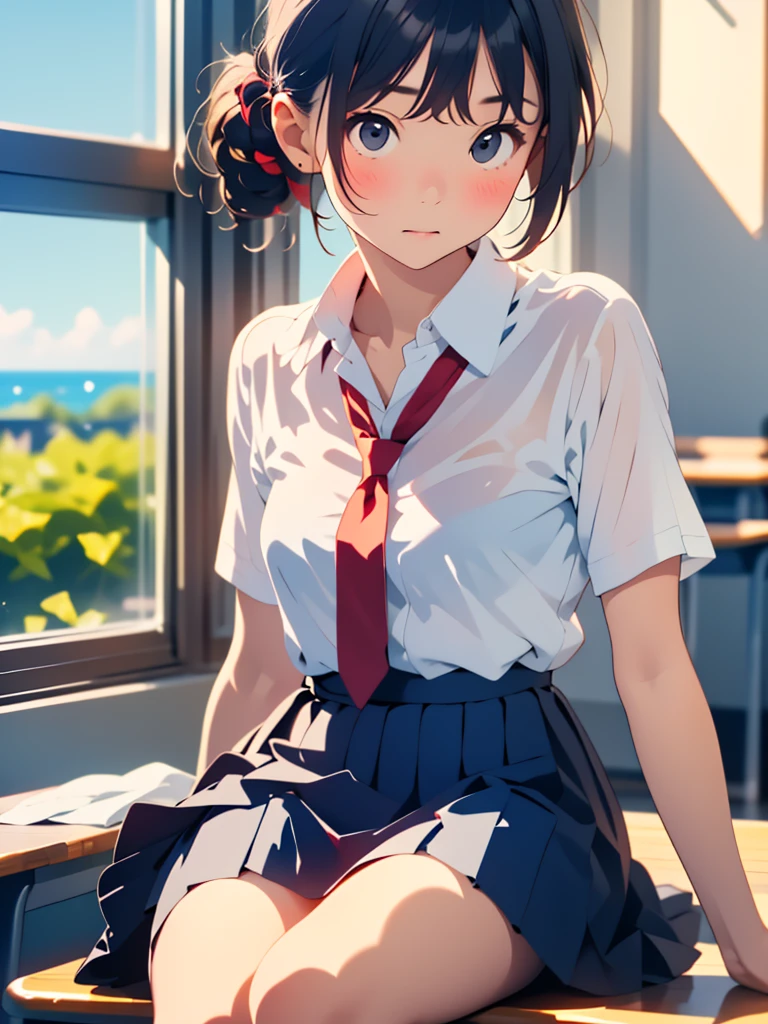 (Tabletop, highest quality:1.2), 8k, 18-year-old, 85mm, Official Art, RAW Photos, absurdes, White dress shirt, Cute Face, close, Upper Body, Viola Lace, Gardenia, beautiful girl, , (Navy Pleated Skirt:1.1), Cinch waist, Thighs, Short sleeve, classroom, ponytail、short hair、short hair、sit on bench seat, Looking at the audience, No makeup, (smile:0.4), Film Grain, chromatic aberration, Sharp focus, Face Light, Bright lighting, Teen, Detailed face, Background blur, (Dark red tie:1.1)、Japanese school classroom、classroom