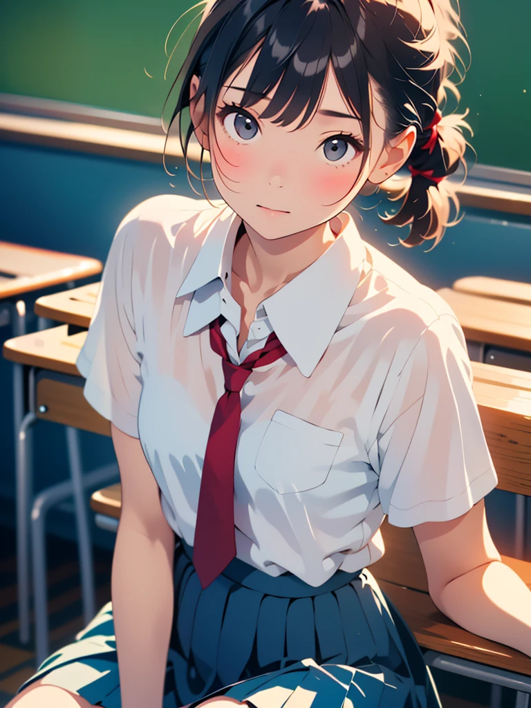 (Tabletop, highest quality:1.2), 8k, 18-year-old, 85mm, Official Art, RAW Photos, absurdes, White dress shirt, Cute Face, close, Upper Body, Viola Lace, Gardenia, beautiful girl, , (Navy Pleated Skirt:1.1), Cinch waist, Thighs, Short sleeve, classroom, ponytail、short hair、short hair、sit on bench seat, Looking at the audience, No makeup, (smile:0.4), Film Grain, chromatic aberration, Sharp focus, Face Light, Bright lighting, Teen, Detailed face, Background blur, (Dark red tie:1.1)、Japanese school classroom、classroom