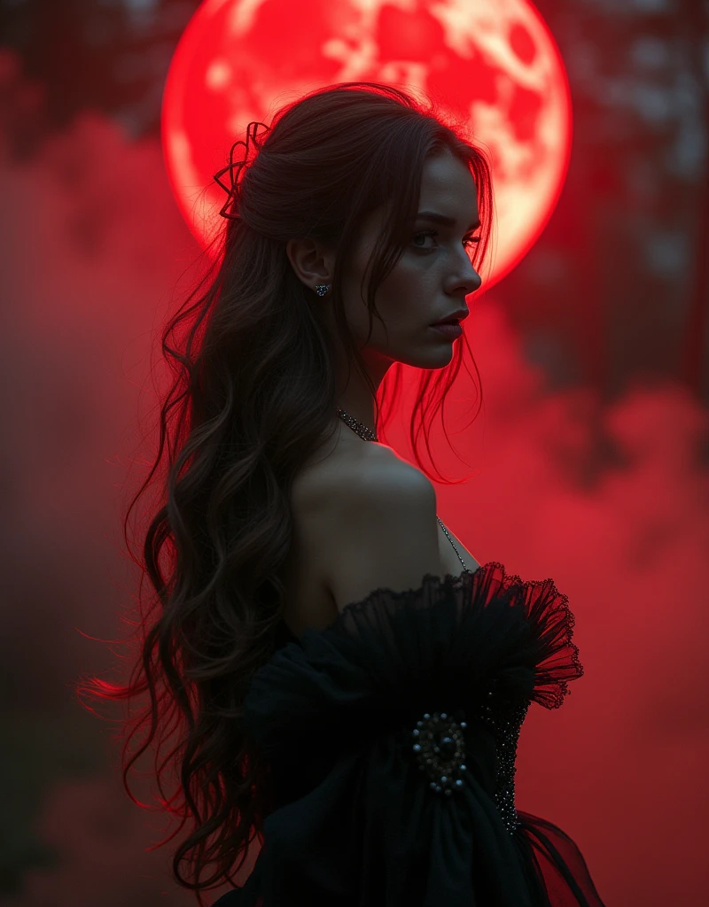 Luxury magazine phtotography, A beautiful ((evil slavic woman)), pale skin, long light brown hair, Full_body_Beautiful_seductive_enchantress, highly detailed dress, blood moon, red glow, mist, eerie Gothic aesthetic, double exposure photography, backlit, hyperdetailed double exposure , Junji Ito, victo ngai, M.W. Kaluta, richard anderson, a masterpiece, 8k resolution, highly detailed and intricate, vogue style, great lighting, Helios 44-2, Swirling bokeh, sharp focus, intricate details, highly detailed, sharp, Character portrait, perfect lighting, masterpiece, Detailed backstory, cinematic lighting, 8K