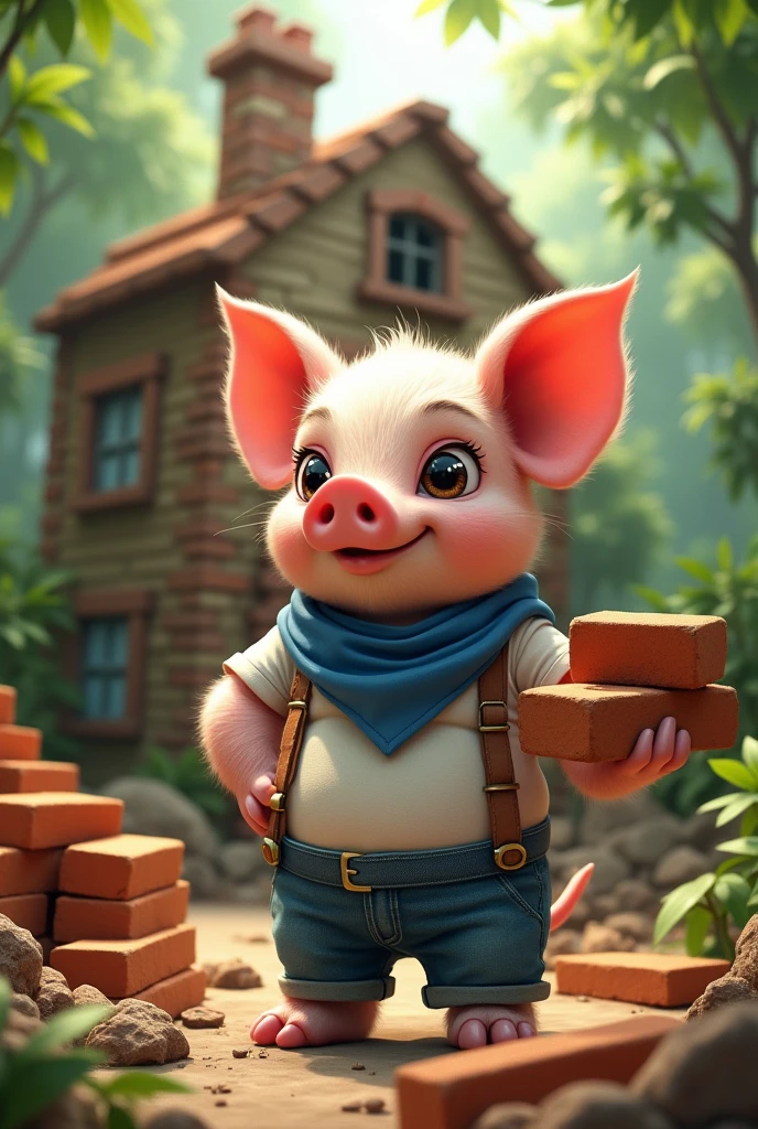 full-body illustration, (1male piglet:1.2), (determined expression:1.3), wearing a white t-shirt, blue jeans, and a blue bandana, (strong and hardworking:1.3), muscular build, (holding a stack of bricks in hand), (building a multi-storey proper house with chimney), surrounded by construction materials and tools, (realistic fur texture), (jungle background:1.4), standing in front of a half-constructed brick house with sturdy walls, sunlight filtering through the trees, (soft lighting:1.3), (green and earthy color scheme:1.3), (highly detailed), (ultra quality:1.3), (masterpiece), (digital art), 8K resolution, HDR, depth of field, (soft shadows), (photorealistic:1.3), (animation:1.2), (by Greg Rutkowski:0.9), (in the style of Alphonse Mucha), trending on ArtStation, award-winning art