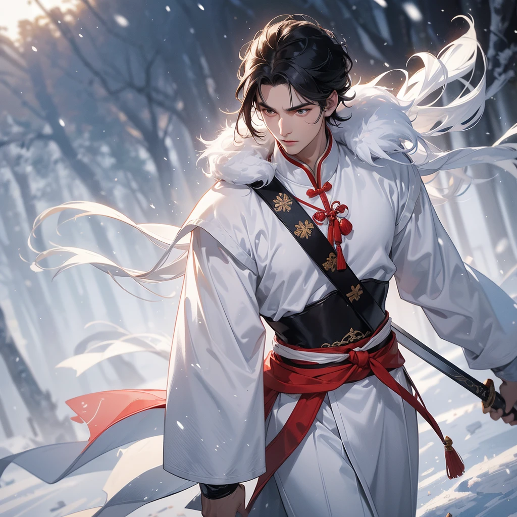 Handsome black-haired male general holding a large sword in ancient Chinese general costume, walking In the middle of a snowstorm, white snow is falling, The sun shines and the sun rises. close up, In the middle of a snowstorm, it is white. The trees are covered in white snow. The snow is falling.