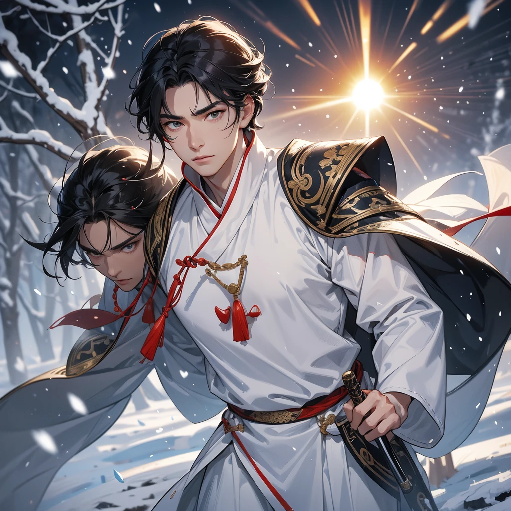 Handsome black-haired male general holding a large sword in ancient Chinese general costume, walking In the middle of a snowstorm, white snow is falling, The sun shines and the sun rises. close up, In the middle of a snowstorm, it is white. The trees are covered in white snow. The snow is falling.