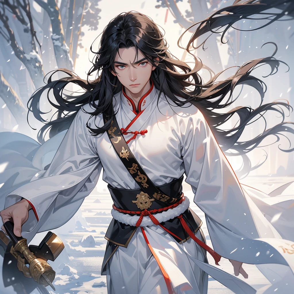 Handsome black-haired male general holding a large sword in ancient Chinese general costume, walking In the middle of a snowstorm, white snow is falling, The sun shines and the sun rises. close up, In the middle of a snowstorm, it is white. The trees are covered in white snow. The snow is falling.