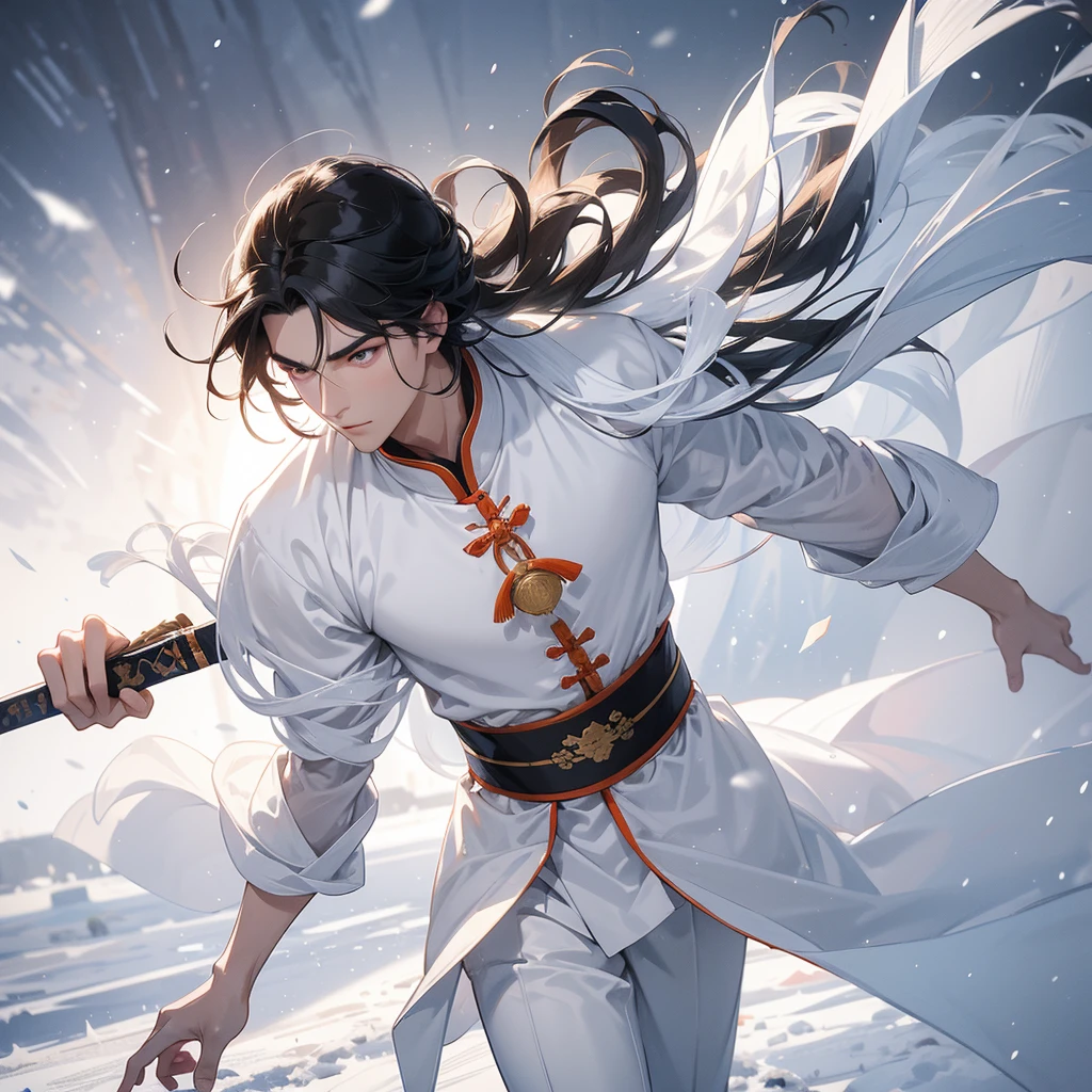 Handsome black-haired male general holding a large sword in ancient Chinese general costume, walking In the middle of a snowstorm, white snow is falling, The sun shines and the sun rises. close up, In the middle of a snowstorm, it is white. The trees are covered in white snow. The snow is falling.
