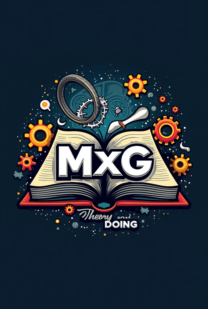 Give me logo these words MxG Theory And Doing with gear and sportked on the book wheel physics theory have around the logo