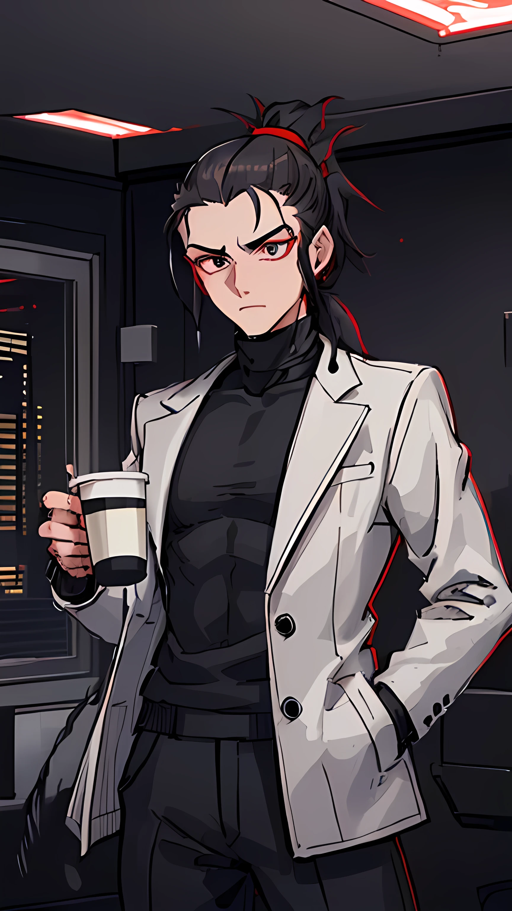 (detailed), (((normal guy))), (Arabic characteristics), ((gray wool jacket)), ((black fur rizado Ponytail hairstyle)), ((Ponytail hairstyle)), (calm face), ((by the width)), ((coffee boots)), (((whole body))), ((in a cyberpunk room)), ((male)), (gray turtleneck sweater), ((only one person)), (at night), terror, ((eyes glowing red)), In the dark, ((black fur)), ((Redskin)), demon tail