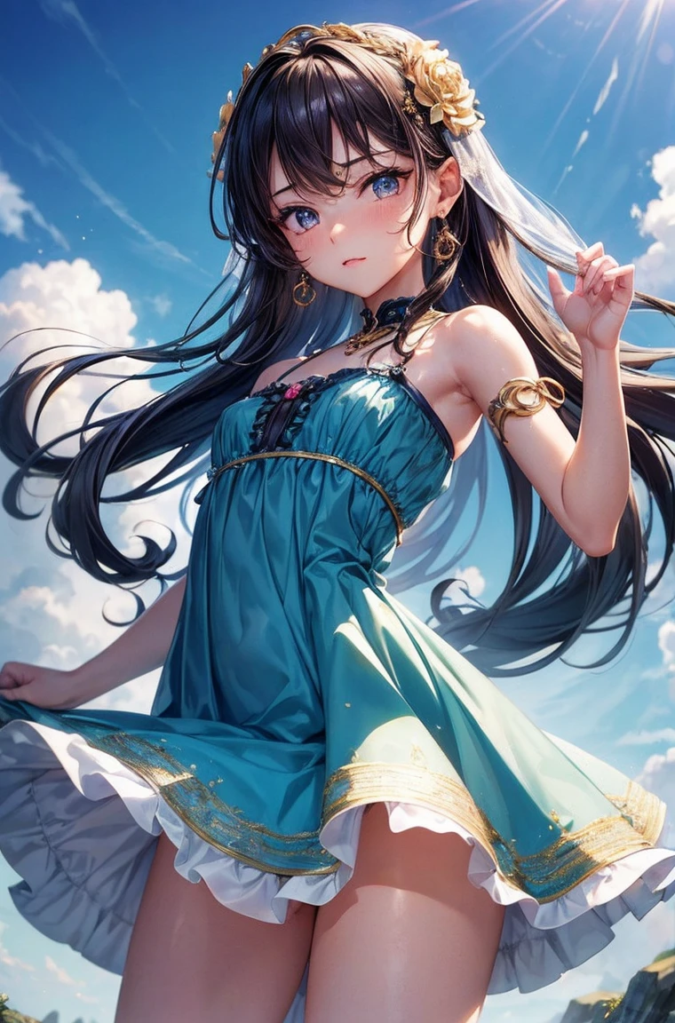 (Top Quality, 16k, Masterpiece: 1.3)), 1 Girl, Sharp Focus: 1.2, Beautiful Women with Perfect Figure: 1.4, Slender Abs: 1.2, (((long swirly Hair)), ((Small: 1.4)), ((Beautiful Face Idol: 1.3)), (Transparent Fabric sundress 1.5)), Highly Detailed Face and Skin Texture, Detailed Eyes, Double Eyelids, (((Pause)), (Seductive)), tomboy, upskirt, low angle, shot from below
