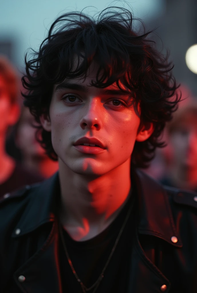 (1 photo realistic) of Evan Peters, black hair, Evan Peters facial details in full. Tate Langdon with Black Hair. Evan Peters finds himself a spectator at a concert.