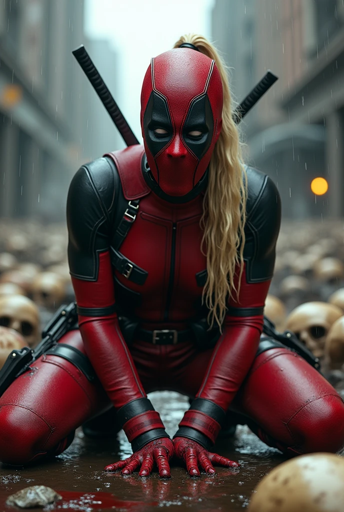 Extreme close-up A beautiful woman with blonde hair tied in a long ponytail Wanda Wilson alias Lady Deadpool wearing the red suit combined with black leather brown harness on her chest kneeling screaming exhausted after a battle blood and skulls around her red leather gloves and boots in an apocalyptic and rainy city blood on her hands and face Marvel Studios logo in all images