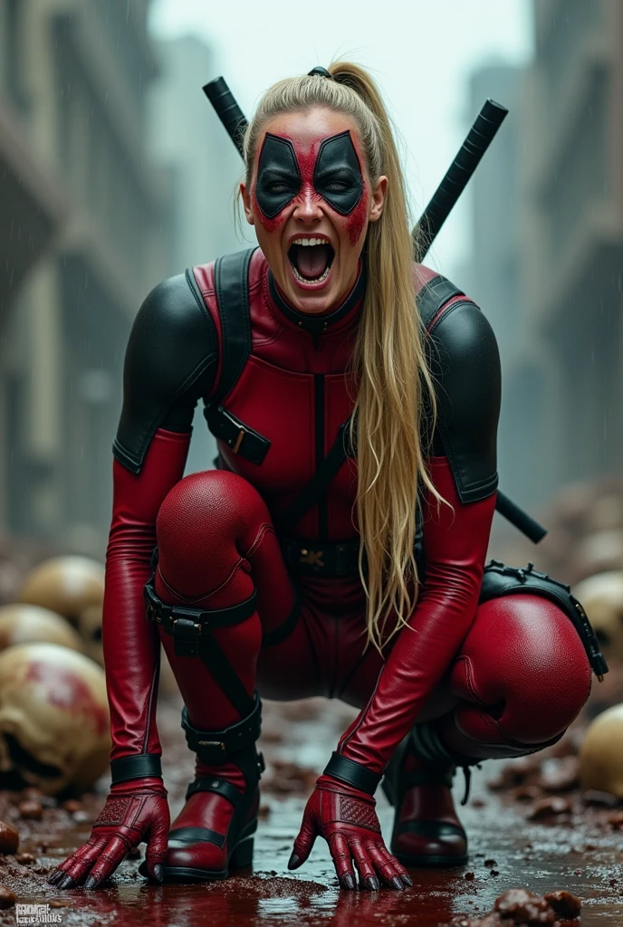 Extreme close-up A beautiful woman with blonde hair tied in a long ponytail Wanda Wilson alias Lady Deadpool wearing the red suit combined with black leather brown harness on her chest kneeling screaming exhausted after a battle blood and skulls around her red leather gloves and boots in an apocalyptic and rainy city blood on her hands and face Marvel Studios logo in all images