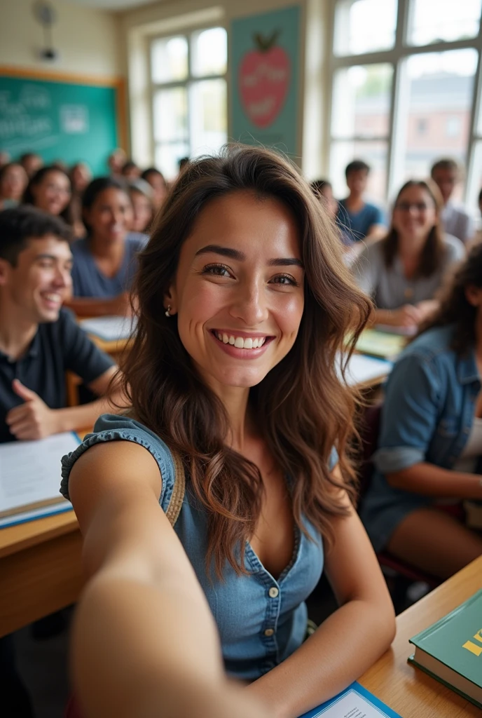 A brunette woman, slim, medium and wavy hair: selfie in the classroom with all the students at a university