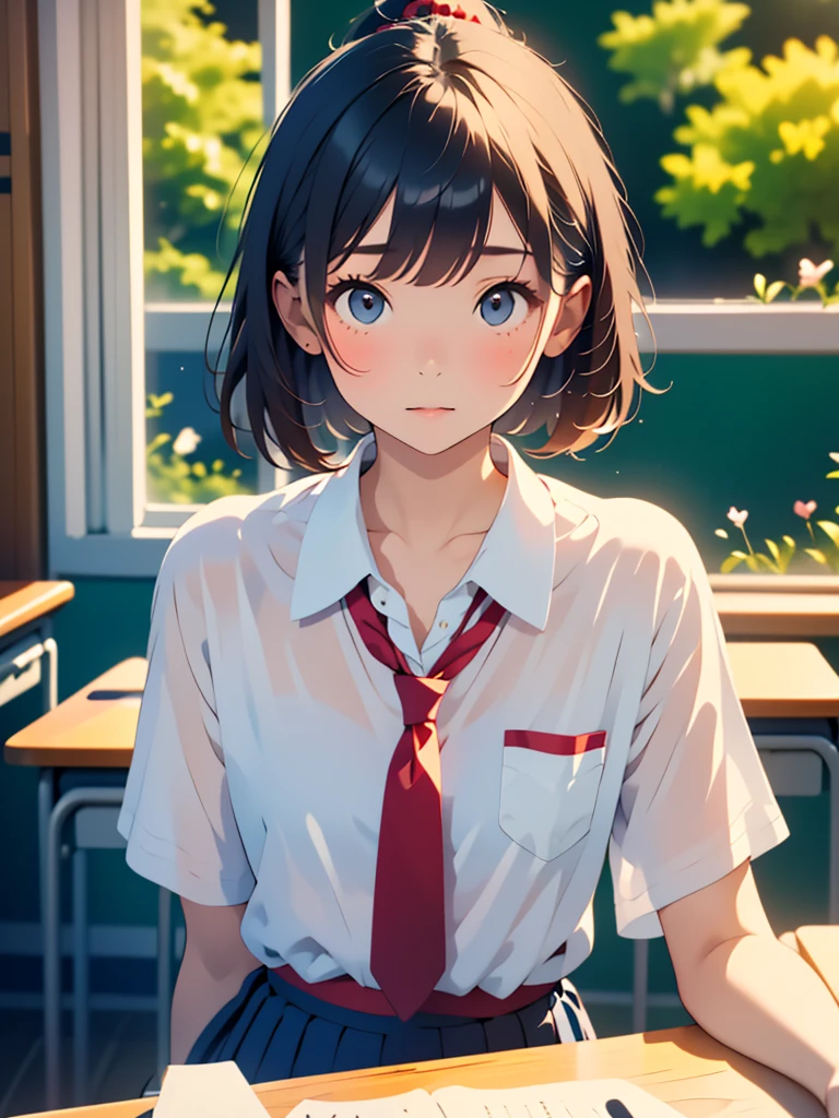(masterpiece, highest quality:1.2), 1 girl, alone、(table top, highest quality:1.2), 8k, 18-year-old, 85mm, official art, Raw photo, absurdes, white dress shirt, cute face, close, Upper body, viola lace, gardenia, beautiful girl, (dark red tie:1.1)、(navy pleated skirt:1.1), Cinch West, thighs, short sleeve, classroom, ponytail、short hair、short hair、sit on a bench seat, looking at the viewer, no makeup, (smile:0.4), film grain, chromatic aberration, sharp focus, face light, clear lighting, , detailed face, ((background bokeh,Japanese school classroom、classroom、cherry tree seen from the window))