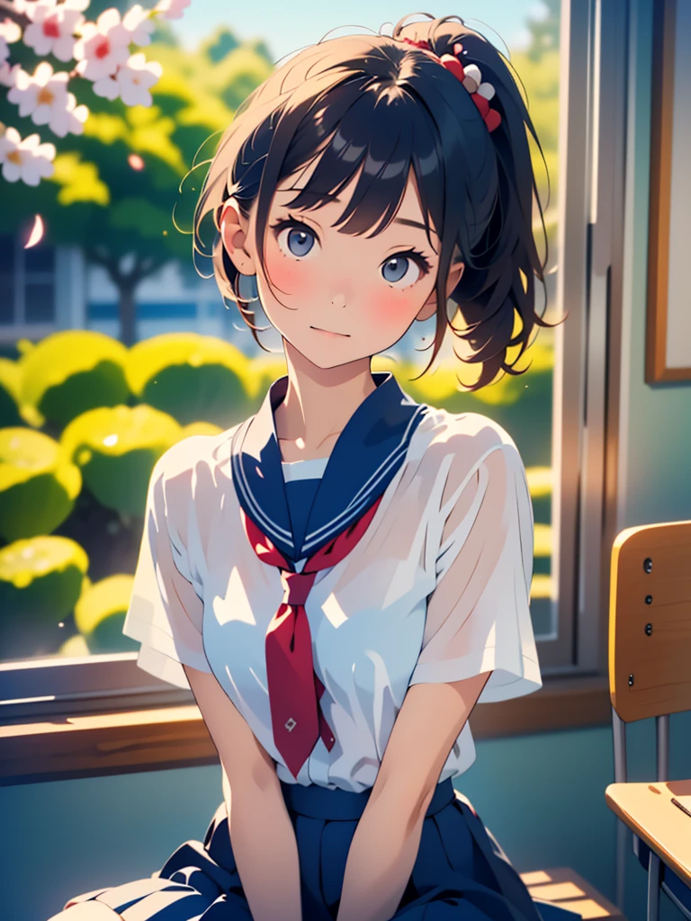 (masterpiece, highest quality:1.2), 1 girl, alone、(table top, highest quality:1.2), 8k, 18-year-old, 85mm, official art, Raw photo, absurdes, white dress shirt, cute face, close, Upper body, viola lace, gardenia, beautiful girl, (dark red tie:1.1)、(navy pleated skirt:1.1), Cinch West, thighs, short sleeve, classroom, ponytail、short hair、short hair、sit on a bench seat, looking at the viewer, no makeup, (smile:0.4), film grain, chromatic aberration, sharp focus, face light, clear lighting, teen, detailed face, ((background bokeh,Japanese school classroom、classroom、cherry tree seen from the window))