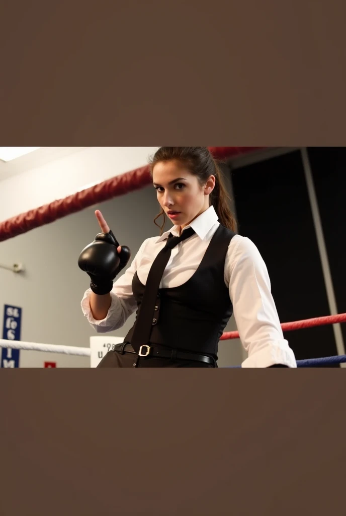 Serious Female wearing suit and tie intense fighting in boxing ring, black suit, (three-piece suit), black driving glove,skirt suit, necktie, bodycon miniskirt, pantyhose, waistcoat, dynamic lighting, in the dark, deep shadow, low key, cowboy shot full-lenght body,fight stance, taunting, winning pose, preppy style, powerfull fight stance, focus, she win the fight pose, professional fighter fight stance, domination fight, avoiding punch from enemy while taunting, preppy fight style, laughing to the enemy, pointing to the camera, hands up professional fighter, hand touching her necktie to tease opponent, looking at viewer from below