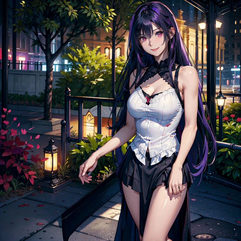 22 year old woman, long black hair with purple streaks and bangs, 2 collections, crimson red eyes, long purple nails, flirtatious smile, bright smile, mischievous smile, chest a little big, Full body shot, black overall skirt with white blouse and lace at the neckline, with their back to the camera, (((standing in a park at night))) , smiling face, HD, 4k, The best quality, full HD.