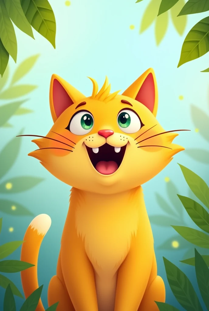 Cat picture who is talking. Body color yellow.mouth is clear. And face is highlight leaf is not so big.funny pic.