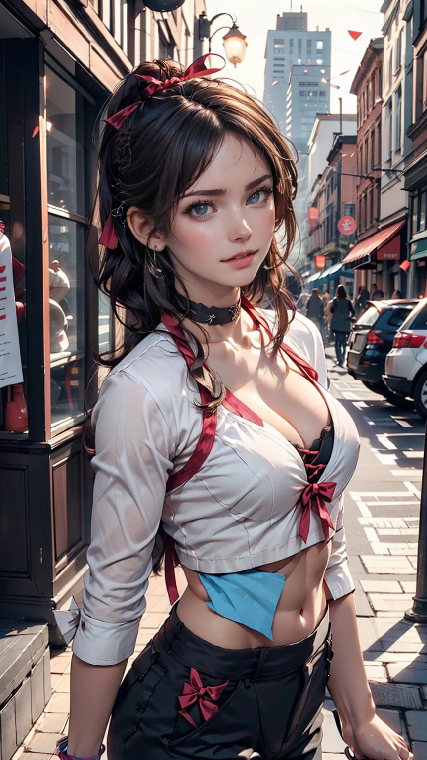 24-year-old woman、Attractive Young Woman, (Beautiful Face:1.1), Detailed eyes, Seductive lips, (eye make up:1.2), (Medium chest:1.0), (Toned body:1.2), Sexy proportions、Narrow waist、hair band((hair ribbon))、Braided ponytail((braided ponytail))、No sleeve、Choker on wrist, silver accessory、Low rise hot pants、Stiletto heels、Downtown