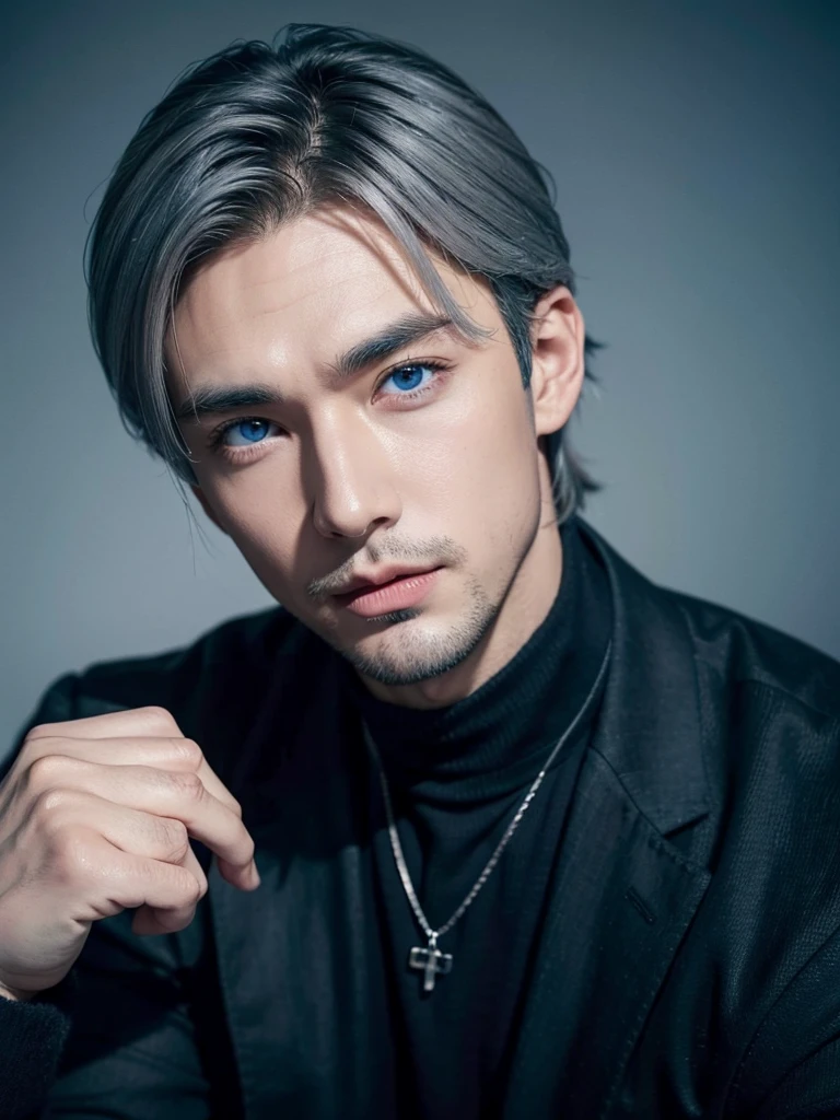 male、Handsome、Gray Hair、Blue Eyes、Black clothes、photograph、Highest quality