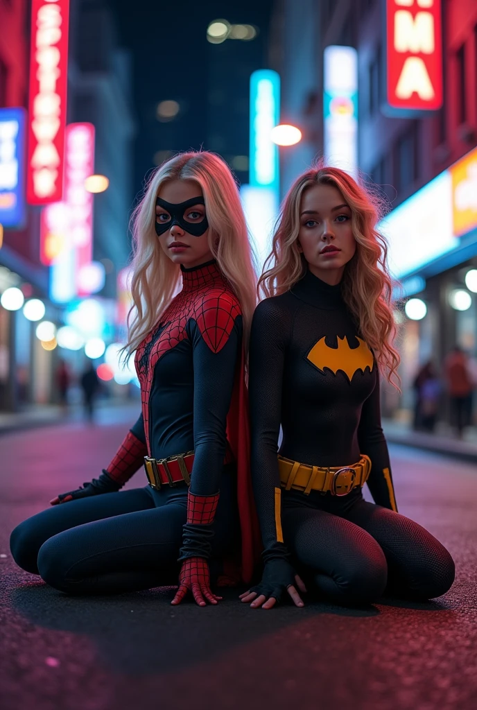 (photorealism:1.2), 2 girls, spider gwen,ghost spider ,Batgirl, pale, beautiful woman, kneeling, butt, posing, city street at night, blonde, streetlight, neon, young, 13yo