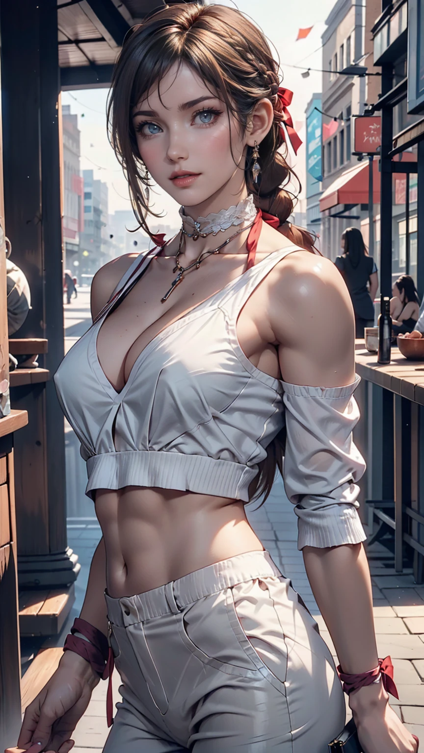 24-year-old woman、Attractive Young Woman, (Beautiful Face:1.1), Detailed eyes, Seductive lips, (eye make up:1.2), (Medium chest:1.0), (Toned body:1.2), Sexy proportions、Narrow waist、hair band((hair ribbon))、Braided ponytail((braided ponytail))、No sleeve、Choker on wrist, silver accessory、Low rise hot pants、Stiletto heels、Downtown