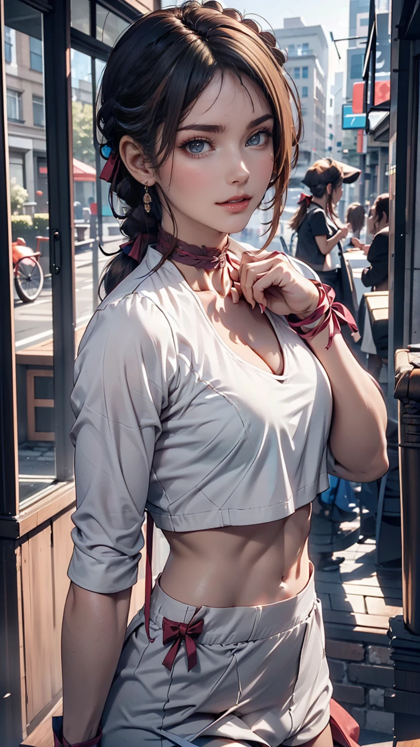 24-year-old woman、Attractive Young Woman, (Beautiful Face:1.1), Detailed eyes, Seductive lips, (eye make up:1.2), (Medium chest:1.0), (Toned body:1.2), Sexy proportions、Narrow waist、hair band((hair ribbon))、Braided ponytail((braided ponytail))、No sleeve、Choker on wrist, silver accessory、Low rise hot pants、Stiletto heels、Downtown