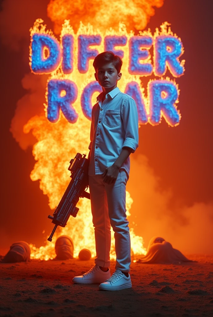 Create a 3d illusion where a 16 year guy is standing in white shirt white jeans white shoes holding a woodpecker gun with RED FIRE BACKGROUND there should be written "DIFFER-ROAR" with Blue fire text and 2 people's died Infront of him