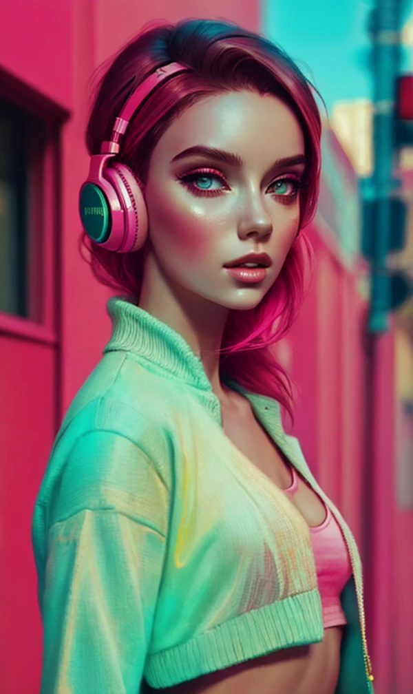 model girl wearing headphones, city background, intricate details, aesthetically pleasing pastel colors, poster background, art by conrad roset and ilya kuvshinov