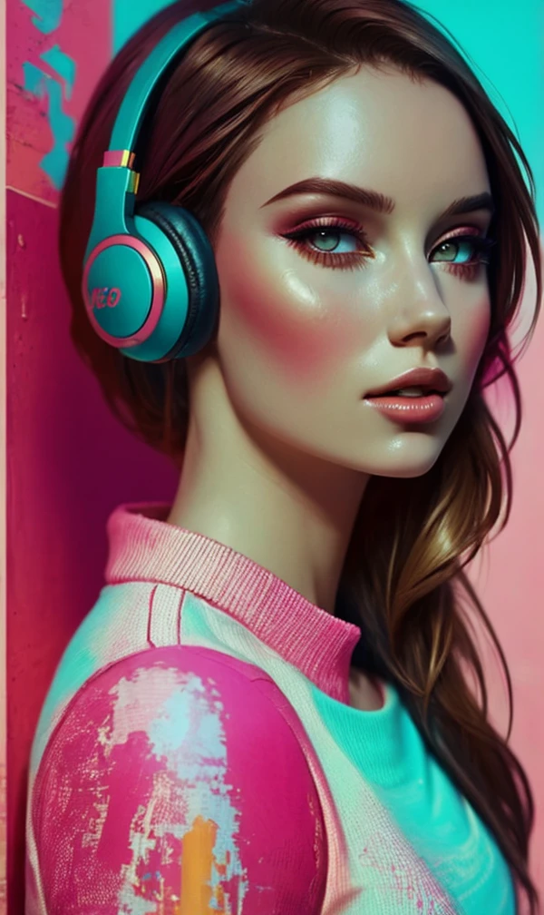 model girl wearing headphones, city background, intricate details, aesthetically pleasing pastel colors, poster background, art by conrad roset and ilya kuvshinov