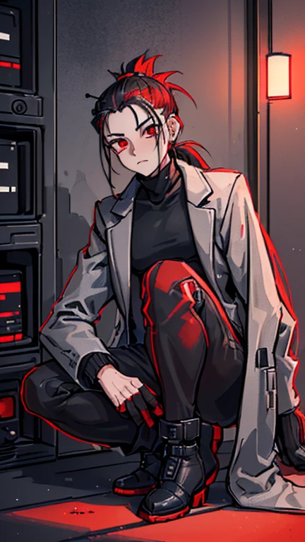 (detailed), (((normal guy))), (Arabic characteristics), ((gray wool jacket)), ((black fur rizado Ponytail hairstyle)), ((Ponytail hairstyle)), (calm face), ((by the width)), ((coffee boots)), (((whole body))), ((in a cyberpunk room)), ((male)), (gray turtleneck sweater), ((only one person)), (at night), terror, ((eyes glowing red)), In the dark, ((black fur)), ((((red skin color)))), demon tail