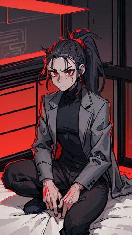 (detailed), (((normal guy))), (Arabic characteristics), ((gray wool jacket)), ((black fur rizado Ponytail hairstyle)), ((Ponytail hairstyle)), (calm face), ((by the width)), ((coffee boots)), (((whole body))), ((in a cyberpunk room)), ((male)), (gray turtleneck sweater), ((only one person)), (at night), terror, ((eyes glowing red)), In the dark, ((black fur)), ((((red skin color)))), demon tail