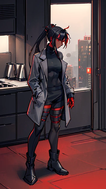 (detailed), (((normal guy))), (Arabic characteristics), ((gray wool jacket)), ((black fur rizado Ponytail hairstyle)), ((Ponytail hairstyle)), (calm face), ((by the width)), ((coffee boots)), (((whole body))), ((in a cyberpunk room)), ((male)), (gray turtleneck sweater), ((only one person)), (at night), terror, ((eyes glowing red)), In the dark, ((black fur)), ((((red skin color)))), demon tail