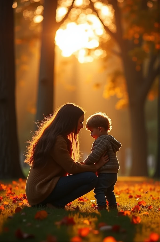 A picture from behind mother and son talking emotionally