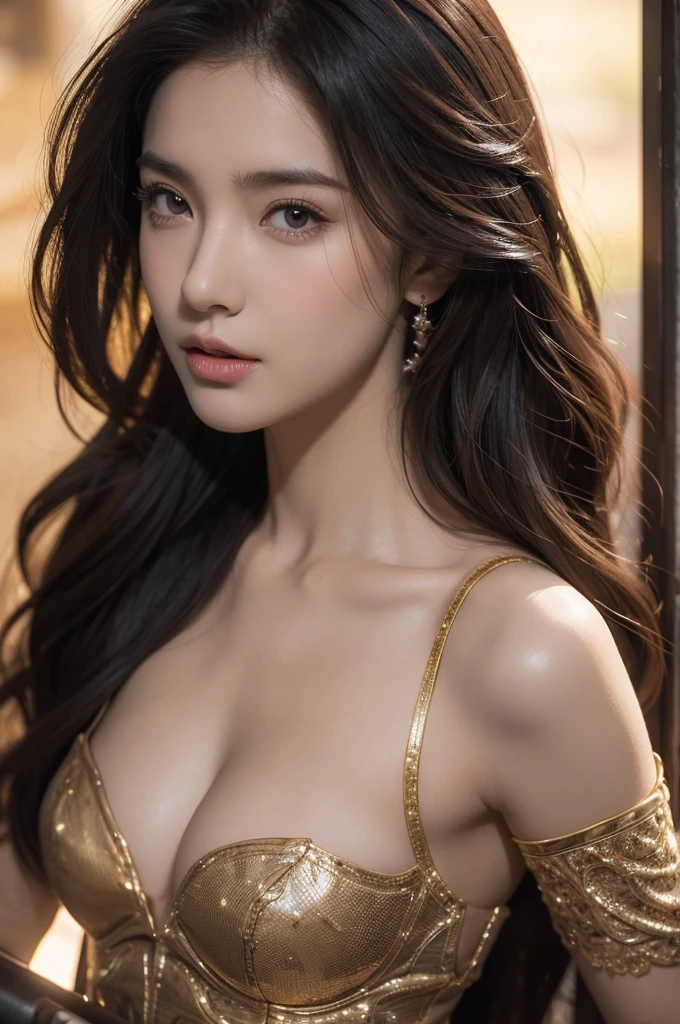 best quality, 8k, very delicate and beautiful, highly detailed face and skin texture, shiny skin, high resolution, big tits beautiful woman in sexy armor with weapons at battlefield, sharp focus