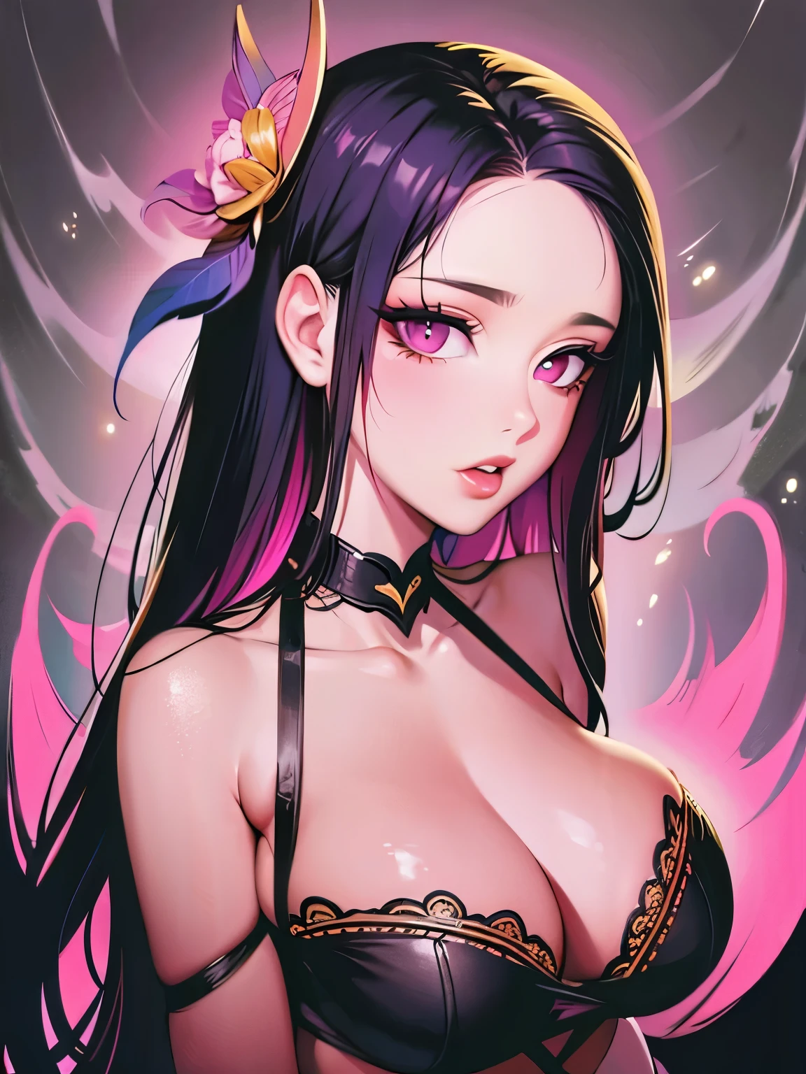 chiaroscuro technique on sensual illustration of an elegant , retro and vintage ,silky flower around body, matte painting, by Hannah Dale, by Harumi Hironaka, extremely soft colors, vibrant, pastel, highly detailed, digital artwork, high contrast, dramatic, refined, tonal, golden ratio, ((nezuko komado)), ((pink eyes)), black hair, big tits, cleavage, arms behind back,