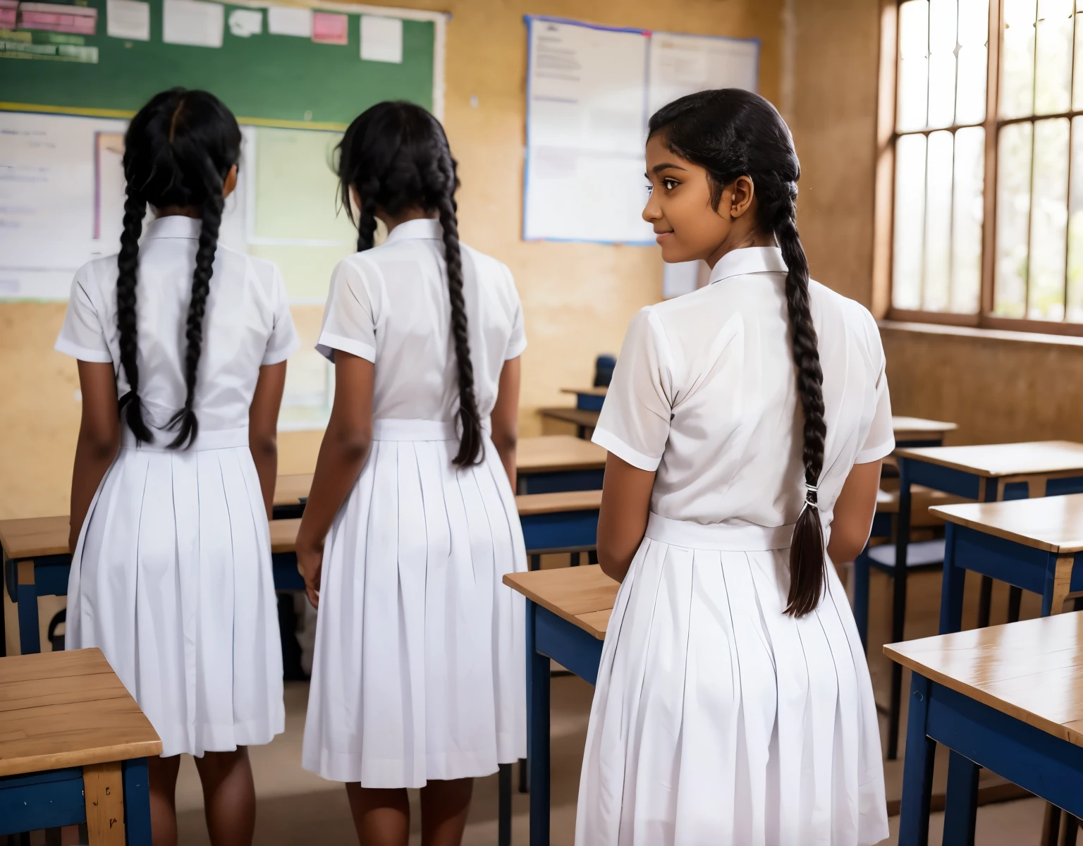 Srilankan school girl , wearing white frock and tie, braided hair with plait , in the classroom with four friends , back view , highly detailed, photorealistic, 8K, HDR, studio lighting, extremely fine detail, realistic fabric textures, natural skin tones,