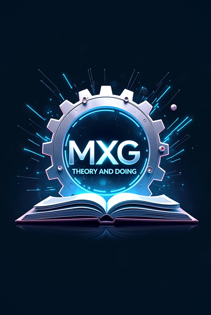 Give me logo these words MxG Theory And Doing with gear and sportked on the book wheel physics theory have around the logo